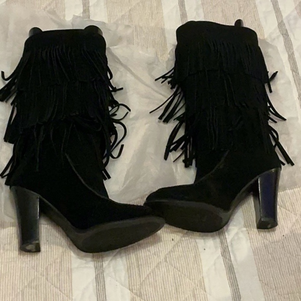 Lauren Ralph Lauren black suede fringe knee heeled boots 7 - Picture 3 of 7